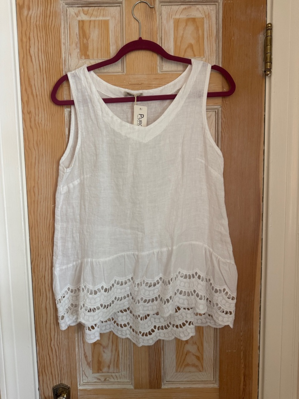White Linen Tank with Scalloped Eyelet Hem